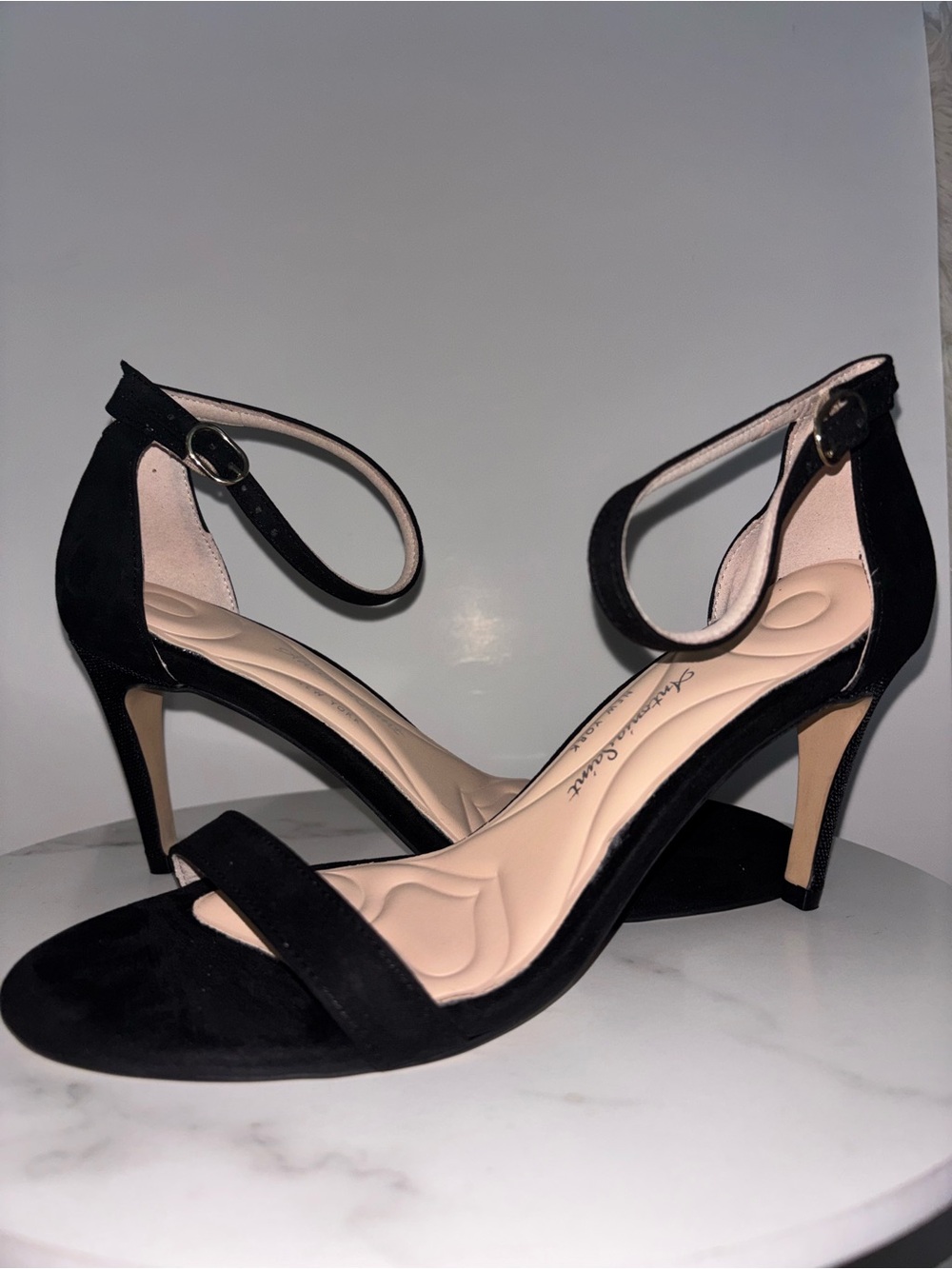 Antonia Saint New York Black Ankle-Strap Heeled Jackie Sandal Stiletto NEW
